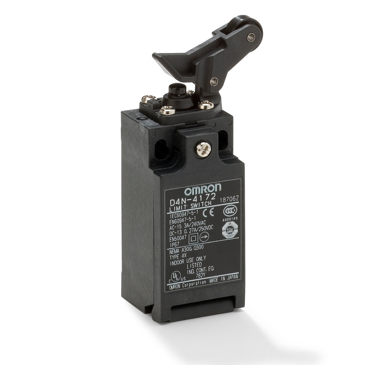 Safety Limit switch, D4N, M20 (1 conduit), 1NC/1NO (snap-action), one-way roller arm lever (vertical
