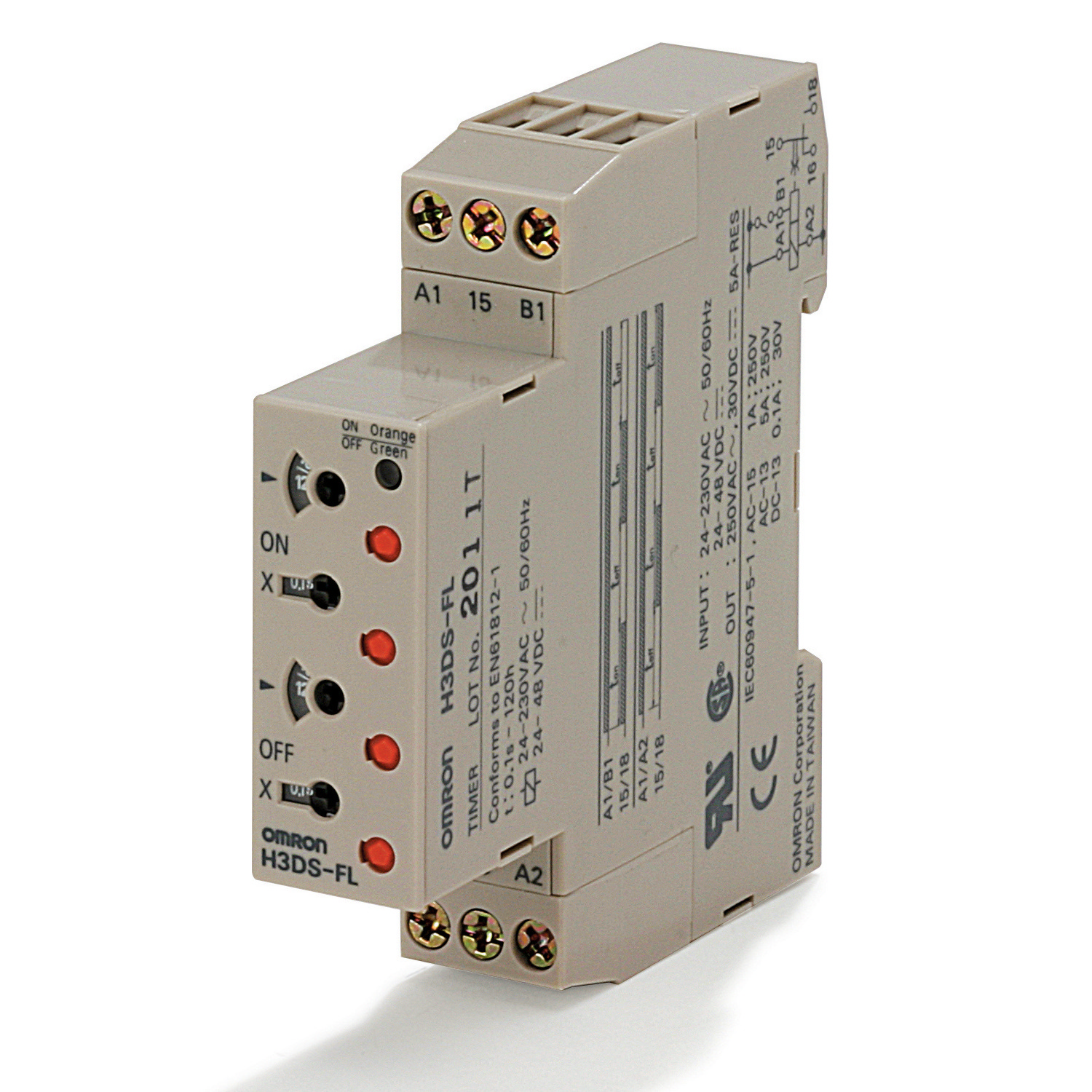 Timer, DIN rail mounting, 17.5 mm, 24-230 VAC/24-48 VDC, twin on & off-delay, 0.1 s-12 h, SPDT, 5 A,