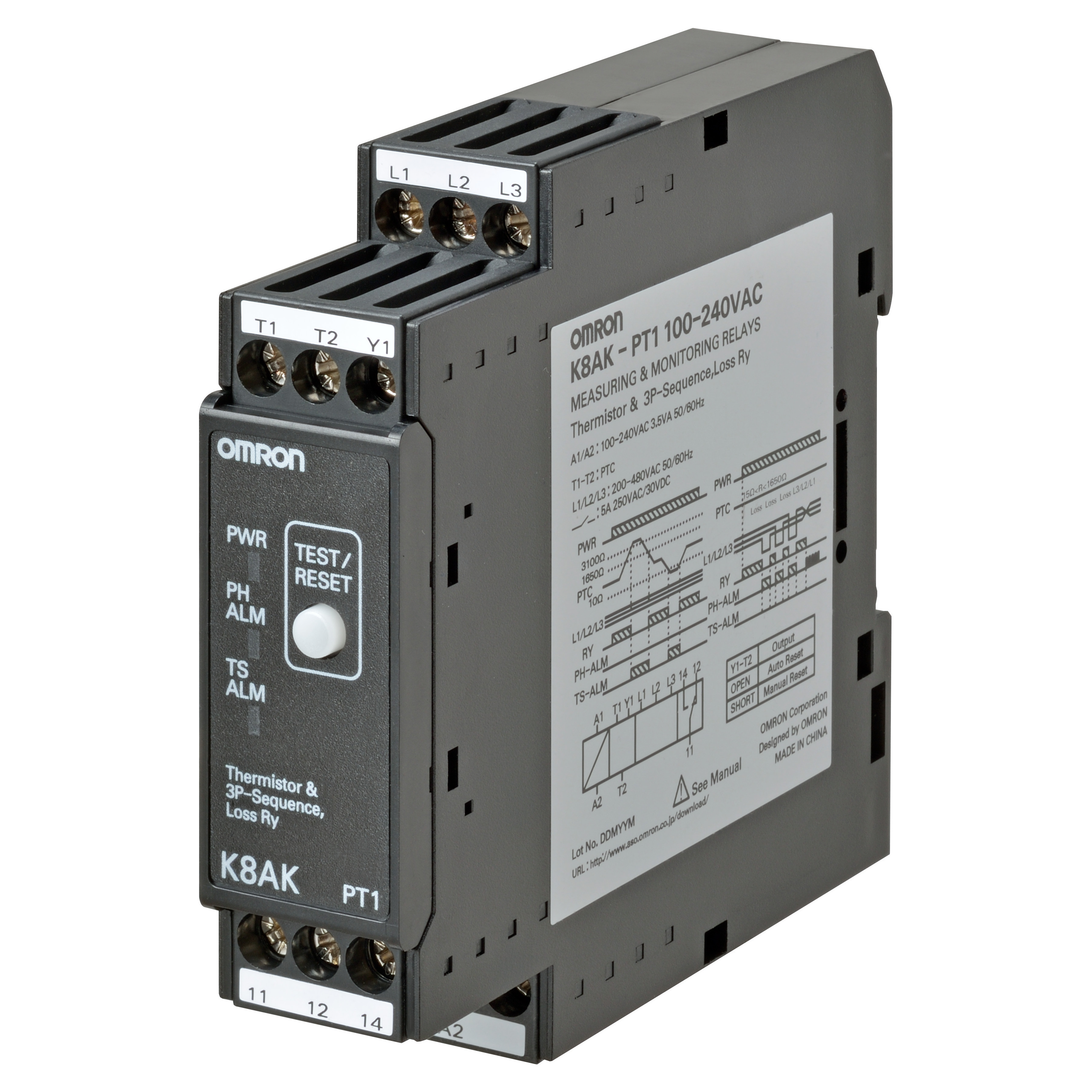 Monitoring relay 22.5mm wide, temperature monitoring and phase squence and phase loss, 100 to 240 VA