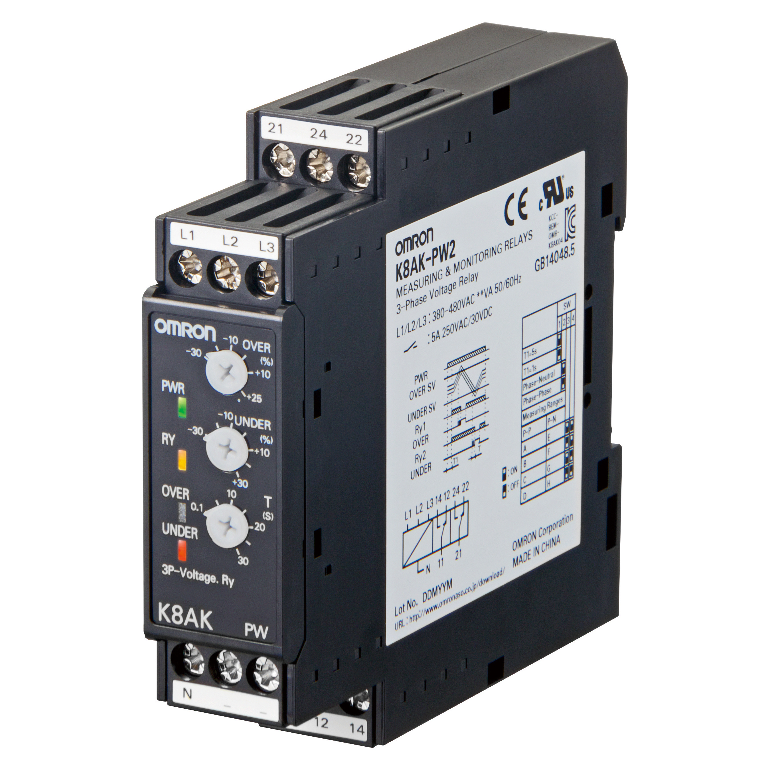 Monitoring relay 22.5 mm wide, 3-phase voltage monitoring, over and under voltages, 3-wire mode: 380