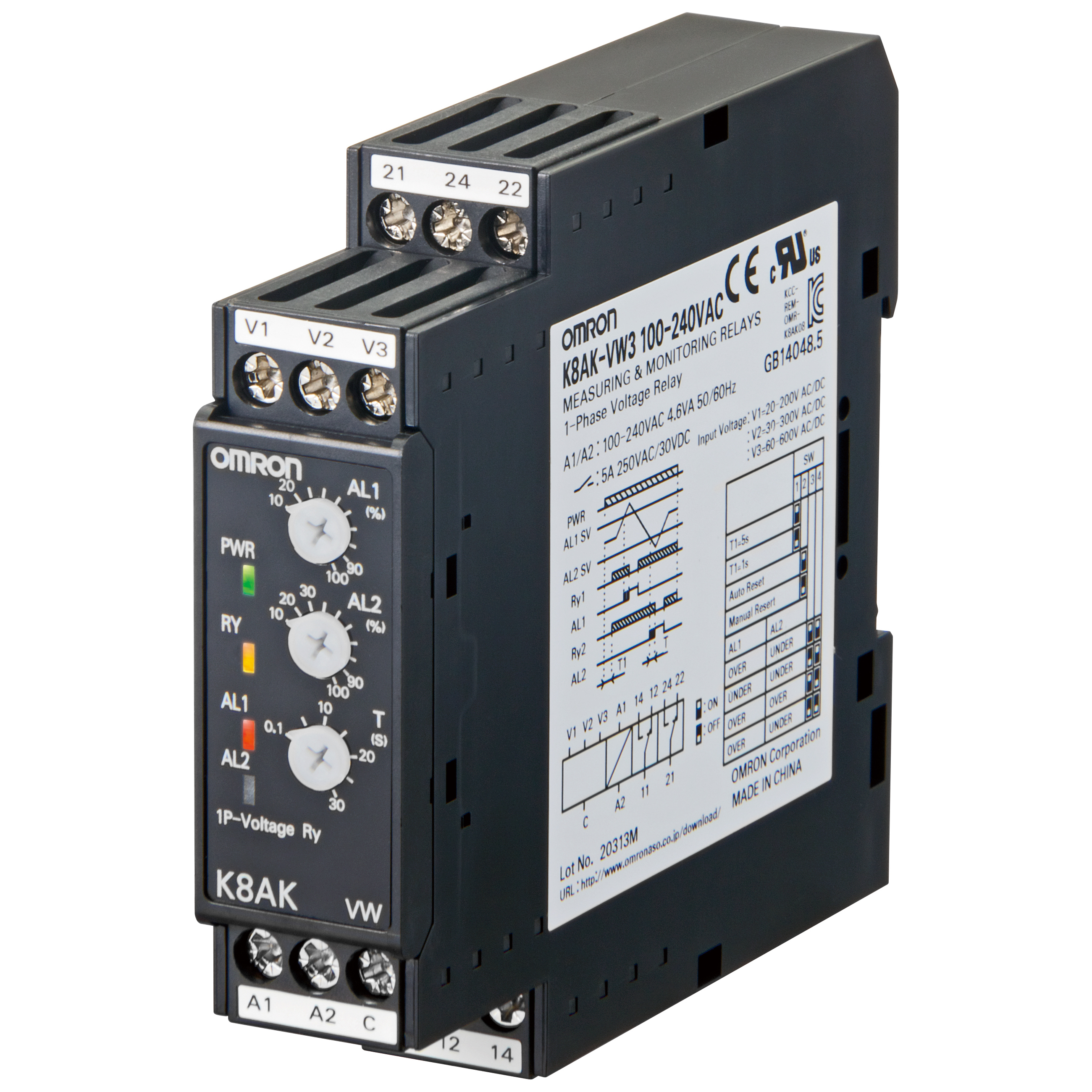 Monitoring relay 22.5mm wide, Single phase over or under voltage 1 to 150V AC or DC, Two SPDT, 100-2