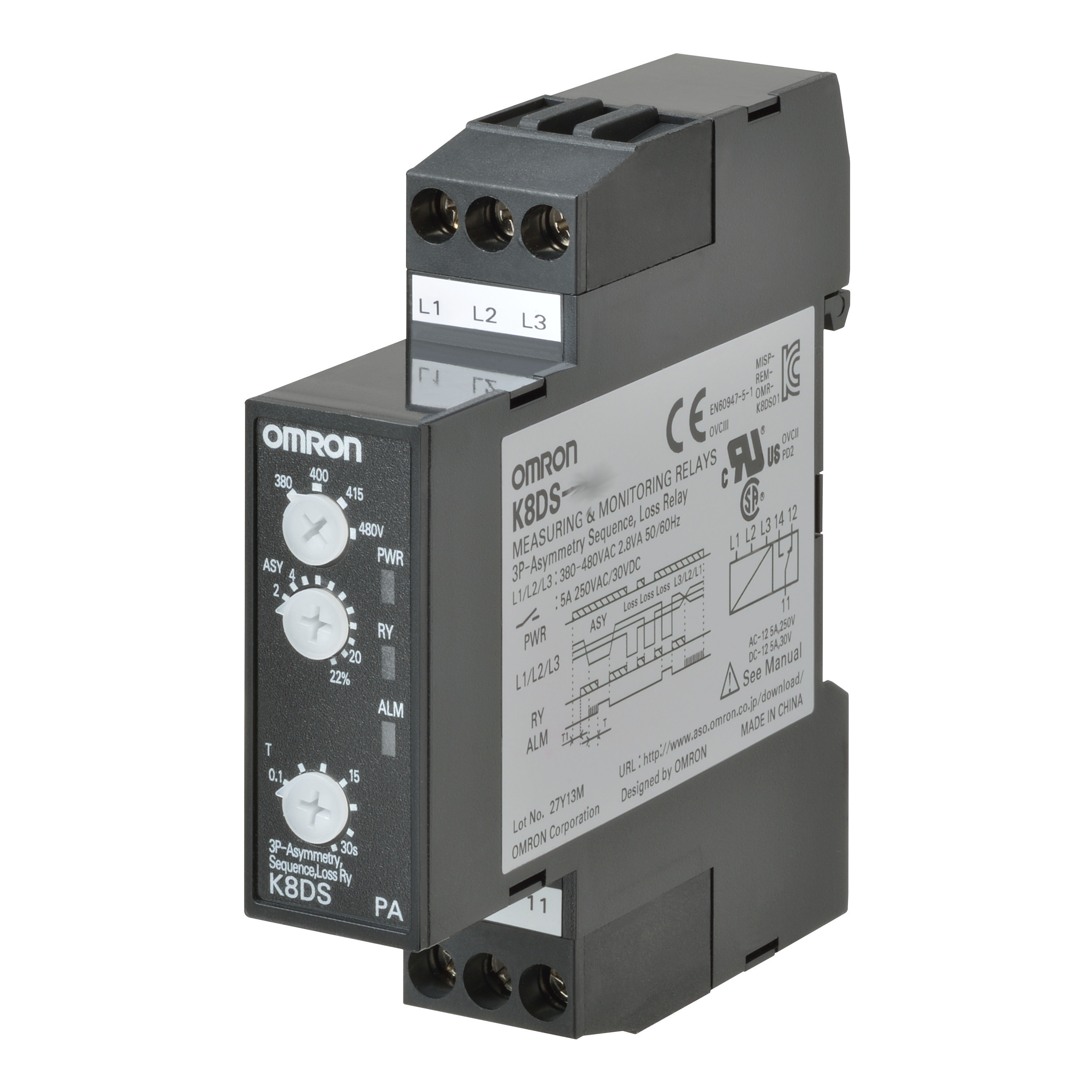 Monitoring relay 17.5mm wide, asymmetry, phase sequence and loss, 3-phase 3-wire, 200 to 240 VAC, on