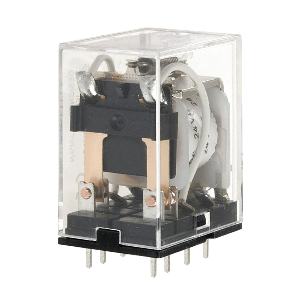 Relay, plug-in, 8-pin, DPDT, 5 A, mech & LED indicators, coil suppressor, lockable test button, labe