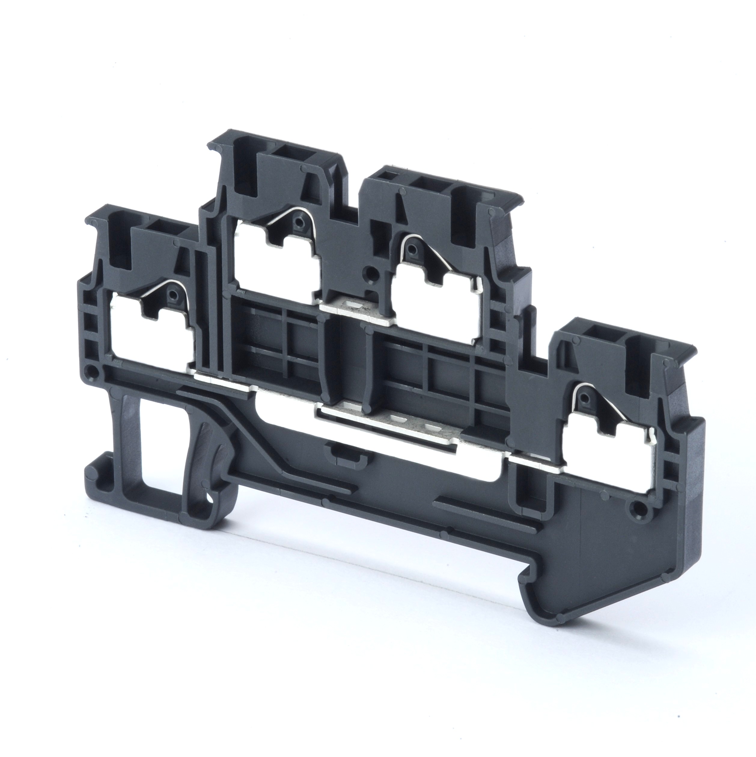 Multi-tier feed-through DIN rail terminal block with push-in plus connection for mounting on TS 35,