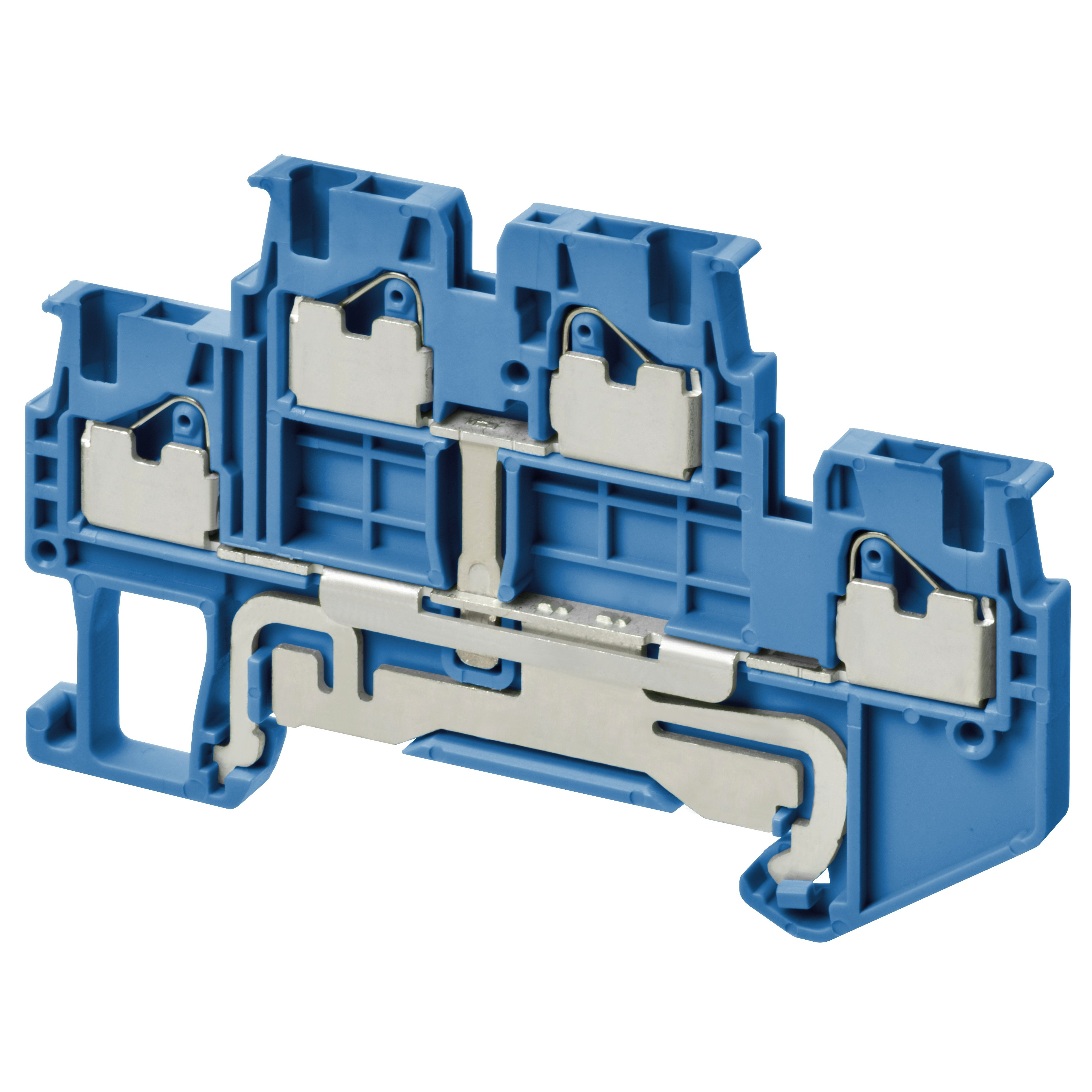 Multi-tier feed-through DIN rail terminal block with push-in plus connection for mounting on TS 35,